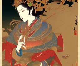 Magical mountain, an elf queen feeds, ukiyo-e