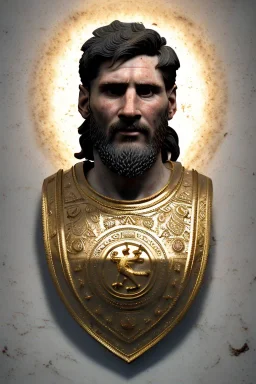 Ultra Realistic image, Roman sculpture, white marble material, Lionel Messi, gold Laurel leaves wreath, renaissance ornaments, one gold star in heart, marble background, chisel style, waist up portrait, emperor style, epic, celestial, cinematic lighting, God light, god rays, 4k resolution, smooth details, ornate details, soft lighting, unreal engine 5, art station, substance 3d.