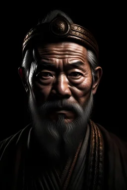an old warrior facing front face, with intellectual attire dark background