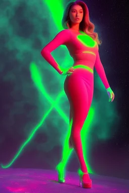 Full body portrait, painting, medium shot lady Spacecore volumetric nuclear waste glow skin-tight crop top and volumetric nuclear waste glow skin-tight miniskirt