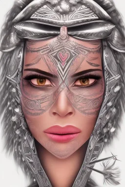  Portrait female Maori Chief color accents on rainbow paper silver filigree iron maiden pastel Maori tribal tattoos, bow with arrows, full detail, 4k, style of Cosmopolitan