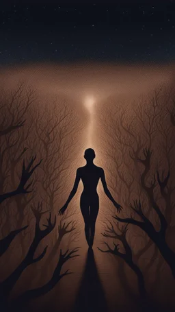 In the woods of hands at night, brown skin, night, night, tall, thin field of thousands of hands standing migrating