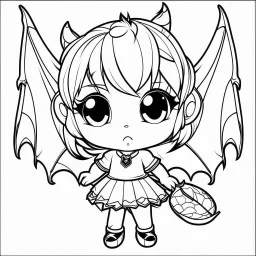 create a 2d black outline, " kawaii devil girl with bat wings coloring book for kids", coloring page, low details design, black contour, coloring page design, colorful , card style, coloring page for kids, halloween backgorund,sketch style,