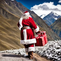 Santa Claus delivering presents in the Andes Mountains