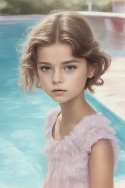 Illustration of fashion model kaia gerber as toddler,,at the swimmingpool, style of Marcel Marlier, pastel colors