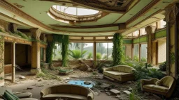 An abandoned luxury hotel, with cluttered rooms and empty pools, as nature begins to invade the luxurious interiors