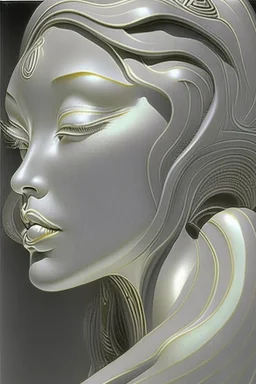 woman face, half view, greyish colors, by artist "gilded melted bubblewarp";by artist "erte";by artist "michelangelo da vinci";by artist "lalique";by artist "hector guimard" ;character design by artist "emshwiller sol";by artist "fan ho"