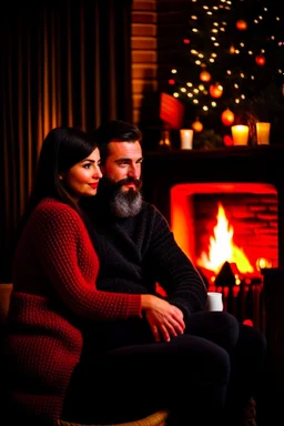 Fire place Christmas scene, dark haired couple, man with short black beard, blue eyes, cozy