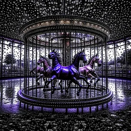 A hauntingly beautiful and enigmatic photograph encapsulating the abstract concept of 'Ripples of a forgotten memory'. Features a vintage carousel with horses frozen in motion against swirling colors, double exposure with ultraviolet datamoshing for a glitchy dreamlike effect, and ethereal Matrix-like vertical dots and dashes rippling and distorting, reflecting the unpredictable nature of memories. The surreal, vertically-oriented photograph evokes profound longing, nostalgia, and melancholy