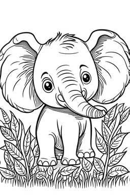 cute coloring page, sketch style, cute baby elephan in the jungle, cute cartoon, white and black, withe background, no shadows, outline.