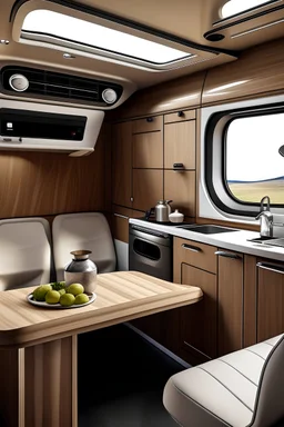 Create the interior of a Fiat Ducato L3H2 campervan with wooden countertops, cabinet handles in cappuccino brown leather, warm white cabinets, brown leather seats in cappuccino shade, and light flooring.