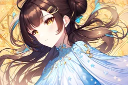 A beautifully detailed digital portrait of one women with a dreamy demeanour, featuring dark brown hair in a bun with stars as hair clips, sparkly golden eyes, The women is wearing a detailed yellow and light blue dress of delicate fabric and soft colours, adorned with patterns and accessories. close-up. light blue, yellow, white, starry sky