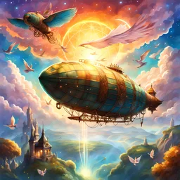 A zeppiln flying in a fantasy sky next to fantasy creatures. Light, Sunset, Happy, Fantasy. Magical. Epic. Dramatic, highly detailed, digital painting, masterpiece