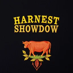 an autumn colored textured cloth embroidered ornamental leaves and cattle, pointed bottom, on dark background, embroidered text across top "HARVEST SHOWDOWN" block text, Canadian western cowboy style