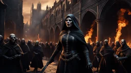 a female general in black cloth and gloves leading an army of the dead through a burning medieval city. the apocalypse. empty hands. blood. magic in the sky. fantasy setting. intense horror. blind terror. scared to death. a masterpiece, fantasy concept art, dynamic lighting, hyperdetailed, intricately detailed, deep color, Unreal Engine, volumetric lighting, Epic cinematic brilliant stunning intricate meticulously detailed dramatic atmospheric maximalist digital matte painting