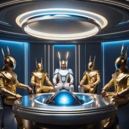 (masterpiece, best quality, 8k, RAW photo, beautiful and aesthetic:1.2), complex detail, Indirect light, photorealistic, (((full body))), Meeting of a group of Cosmic male gods smiling, Mixed, sci-fi and cyborg outfit with golden futuristic artifacts, white, blue and silver elements- Inside a great room of a flying saucer with a round hublot showing a galactic sunset
