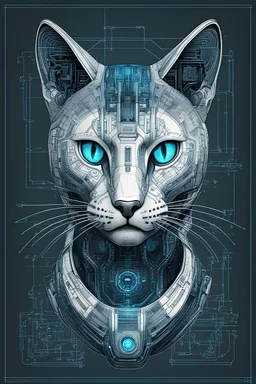 Hand drawn illustration , with detailed blueprints and engineering schematics of dark cybernetic Rex cat with highly detailed facial features, detailed drawings, 8k