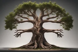 10k resolution, unreal engine 5, Generate an image of the Tree of Life with anatomically correct hands held palms up positioned symmetrically below the tree. The hands should be centered beneath the tree and proportionate to the size of the tree. Ensure that the tree is depicted with intricate details, representing its symbolic significance across cultures and mythologies.