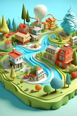3D mental landscape representing different territories such as social relationships, health, finances, heritage, regular tasks, leisure in the style of architecture and landscaps of Dr. Seuss