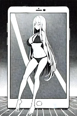 bikini long hair thin girl with leg in abyss pool, greyscale, cool pose, screen tones