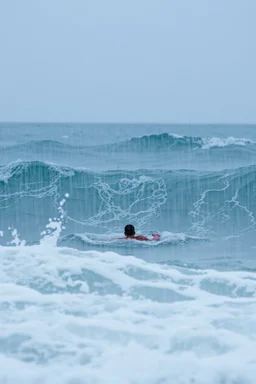 Rain and storm in an ocean with high waves , a man is swimming trying to survive