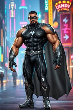 A giant, muscular man with extra-short, crew cut, black hair, blue eyes, short, trimmed goatee, standing stoically on the street in the neon lit, futuristic City of Xanadu prime, wearing a black body suit with gray piping that forms to his muscular frame, he has a silver lightning belt, silver wrist gauntlets, silver, knee-high boots, gray cape, he has the symbol of Xanadu Prime on his chest, and a thin black leather bandit eye mask