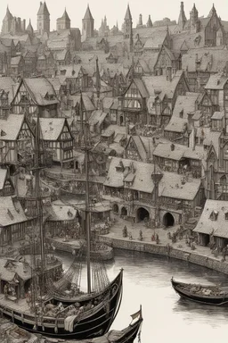 gothic medieval harbour with ships, piers, houses, shops, inns, balconies, plants, people, market