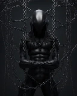 Dark fantasy scifi cage alien with chain body holding long chains