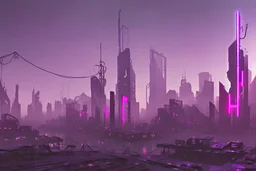 pos-apocalyptic cyberpunk city with destroyed buildings, a plubicity showing the number "2222", illuminated purple neon, dark, high contrast