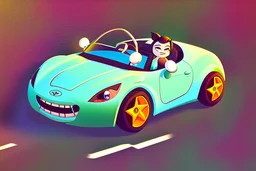 whimsical cartoony sports car with a small mascot character driving it, celshaded comic style