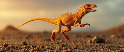 a Spinolestes with no hair or wool, and orange lizard like skin, running crazy like a dino