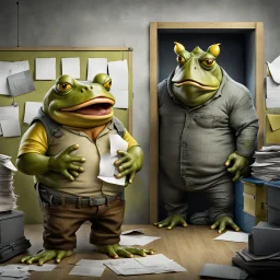 in front the camera be seen up to the waist a fat yellow-green color angry anthropomorphic frog in simple human cloths and take his hands many paper in office, on the wall hang an wall board with some written sheets of paper, behind in background an big strong gray anthropomorphic rhinoceros standing in blue jeans , t-shirt behind in halb open door , dark colors, detailed 3d, sci-fi, fantasy mood