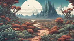 comic style, highly detailed ,gorgeous otherworldly landscape, otherworldly plants
