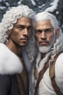 Forty-year-old mulatto man with wavy snow-white hair, next to a young elf boy with snow-white hair and tanned skin