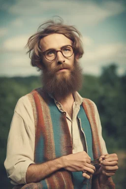 Hippie bohemian young man with Parisian bohemian look and glasses of colours and poor and short short short and poor hair on the head with receding hairline. Farsightedness glasses with big eyes. Long beard. Vintage look and feel like photo styleof the 70s