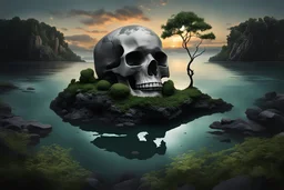 a surreal and artistic representation combining elements of nature and a human skull. A rocky island covered with greenery is depicted at the water's surface, while below the water, the island transforms into a large, grey human skull. The scene is set against a backdrop of a sunset over calm waters.