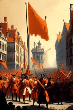 Army of soldiers from the 1700s putting a orange flag in the middle of a city