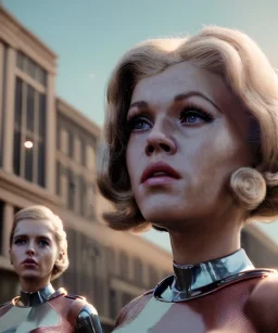 Ultra Realistic retro sci-fi movie Supermarket parking people scene, 1960 year, waist up view portrait, 2 clones blonde women, sweet teenager Jane Fonda face, perfect iris, glow eyes, face makeup, tight latex coat. many people looking, Retro sci-fi style, soft color, highly detailed, unreal engine 5, ray tracing, RTX, lumen lighting, ultra detail, volumetric lighting, 3d, finely drawn, high definition, high resolution.