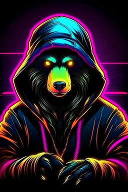 neon background cyber punk hacker honey badger wearing a black hoodie