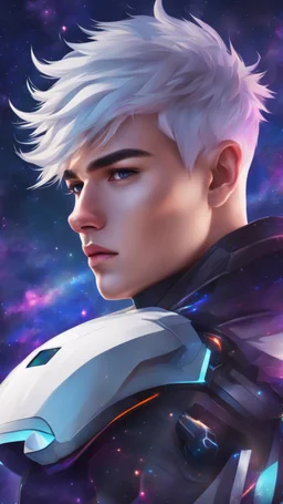 A close picture to cool guy with whit hair and galaxy skin