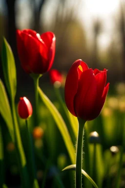 A big red tulip with a few branches of a small red tulip close to me and the sunlight