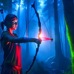 orissa kelly shooting bow and arrow in the underground grove glowing light, in the style of escher, 8k, down-light, soft light, depth of field, photo realism, trending on art station, high detail, smoke and fog