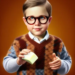 Peter billingsley chubby kid Tortoise-shell glasses, Holding a ((dark red bar Of soap)) in his hand, brown argyle sweater