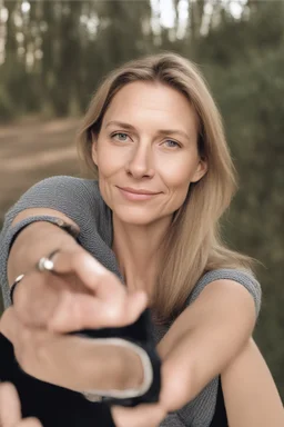 A selfie of a woman, middle blond hair, showing a 39-year-old European woman. She has brown hair, face without makeup, cute nose, detailed full lips, skin texture. Natural lighting and low contrast