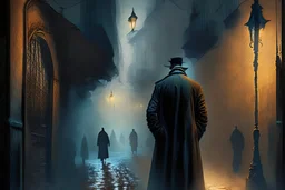 a dreamy man on mysterious street, old Bucharest, mystical light, dark atmosphere, digital art