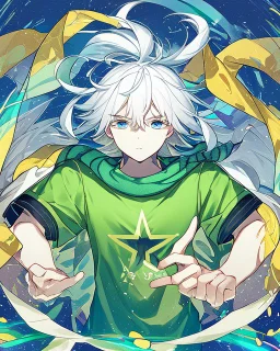 Young boy aged 14, determined, has white hair, wears a green t-shirt with yellow stripes, wears a scarf with the colors of the rainbow, He is sad but looks ahead with a determined look, has light blue eyes, stars behind the character, and a colorful aura.