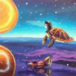 Oil painting turtle and moon and starry sky