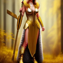 portrait cute female gladiator in gown, in blurry golden forest