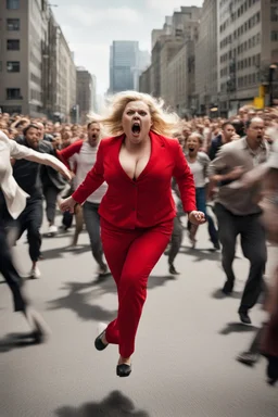 an obese terrified blonde woman in a red pant suit desperately running away from an angry mob of hundreds of people chasing her from a city block behind