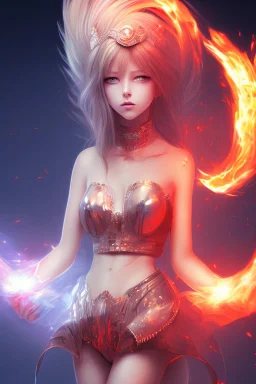 3d Anime girl close and personal but beautiful in fire background